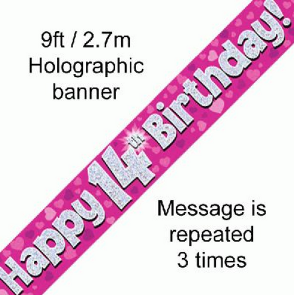 Happy 14th Birthday Pink Holographic Banner (9FT)