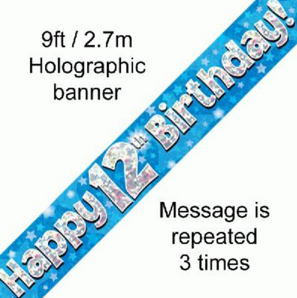 Happy 12th Birthday Blue Holographic Banner (9ft)