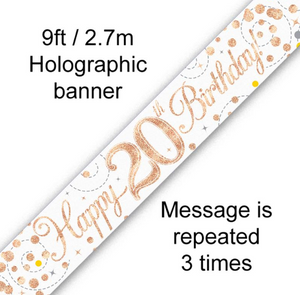Banner Sparkling Fizz 20th Birthday White & Rose Gold Holographic (9ft)