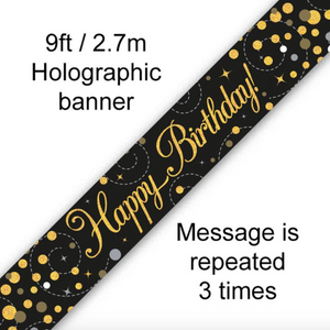 Sparkling Fizz Happy Birthday Black & Gold Holographic Banner (9FT)