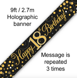 Sparkling Fizz 18th Birthday Black & Gold Holographic Banner (9FT)