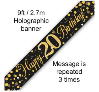Sparkling Fizz 20th Birthday Black & Gold Holographic Banner (9ft)