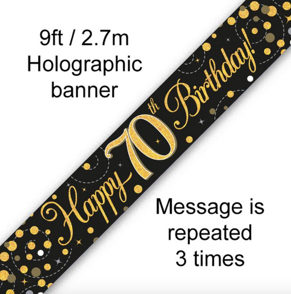 Banner Sparkling Fizz 70th Birthday Black & Gold Holographic (9ft)