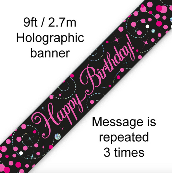 Sparkling Fizz Birthday Black & Pink Holographic Banner (9FT)