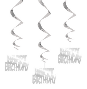 Happy Birthday Silver Foil Hanging Swirl Decorations 32" (3 Pack)