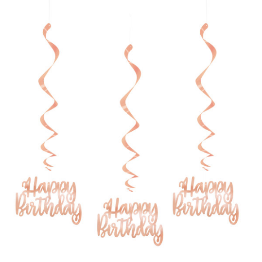 Foil Rose Gold "Happy Birthday" Hanging Swirl Decorations 32" (3 Pack)