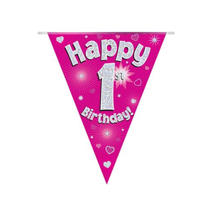 Party Bunting Happy 1st Birthday Pink Holographic 11 flags (3.9m)