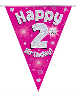 Party Bunting Happy 2nd Birthday Pink Holographic 11 flags (3.9m)