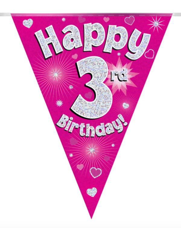Party Bunting Happy 3rd Birthday Pink Holographic 11 flags (3.9m)