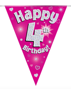 Party Bunting Happy 4th Birthday Pink Holographic 11 flags (3.9m)