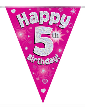 Party Bunting Happy 5th Birthday Pink Holographic 11 flags (3.9m)