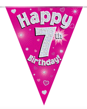 Party Bunting Happy 7th Birthday Pink Holographic 11 flags (3.9m)