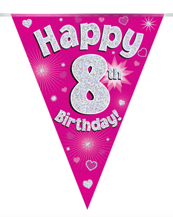 Party Bunting Happy 8th Birthday Pink Holographic 11 flags (3.9m)