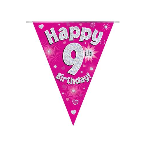 Party Bunting Happy 9th Birthday Pink Holographic 11 flags (3.9m)