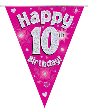 Party Bunting Happy 10th Birthday Pink Holographic 11 flags (3.9m)