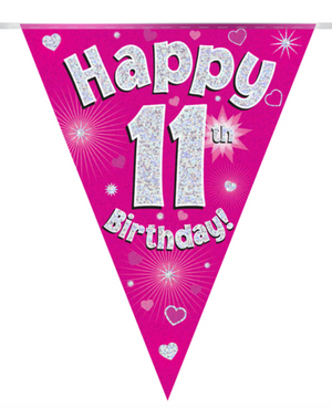 Party Bunting Happy 11th Birthday Pink Holographic 11 flags (3.9m)