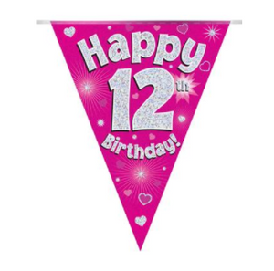Party Bunting Happy 12th Birthday Pink Holographic 11 flags (3.9m)