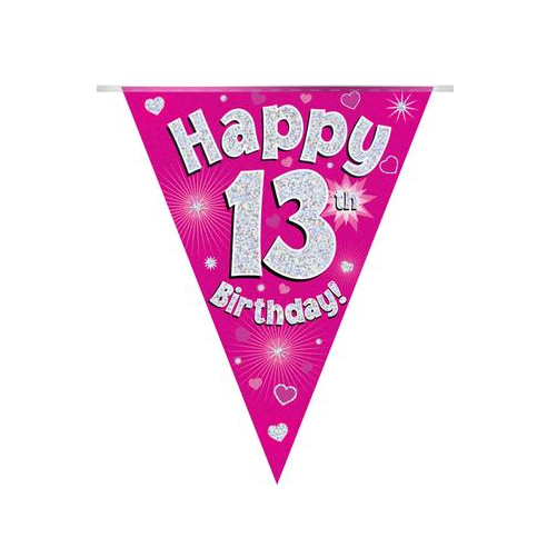 Party Bunting Happy 13th Birthday Pink Holographic 11 flags (3.9m)