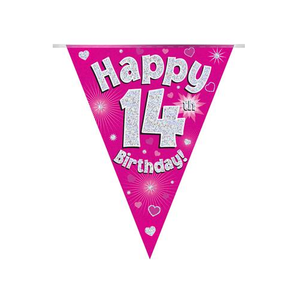 Party Bunting Happy 14th Birthday Pink Holographic 11 flags (3.9m)