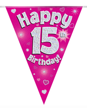 Party Bunting Happy 15th Birthday Pink Holographic 11 flags (3.9m)