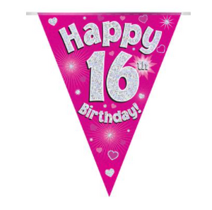 Party Bunting Happy 16th Birthday Pink Holographic 11 flags (3.9m)