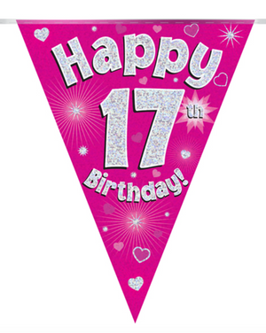 Party Bunting Happy 17th Birthday Pink Holographic 11 flags (3.9m)