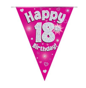 Party Bunting Happy 18th Birthday Pink Holographic 11 flags (3.9m)