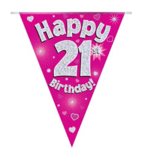 Party Bunting Happy 21st Birthday Pink Holographic 11 flags (3.9m)