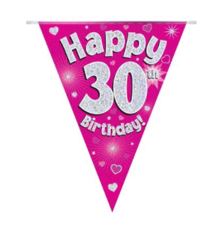 Happy 30th Birthday Pink Holographic Bunting - 11 flags (3.9m)