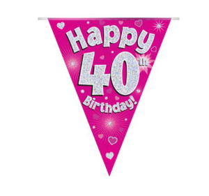Party Bunting Happy 40th Birthday Pink Holographic 11 flags (3.9m)