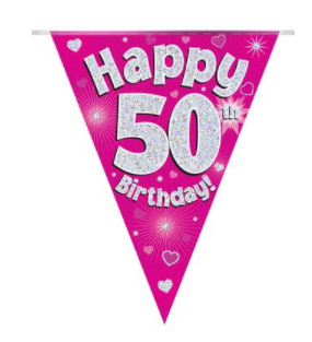 Party Bunting Happy 50th Birthday Pink Holographic 11 flags (3.9m)
