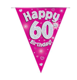 Party Bunting Happy 60th Birthday Pink Holographic 11 flags (3.9m)