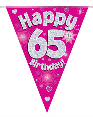 Party Bunting Happy 65th Birthday Pink Holographic 11 flags (3.9m)