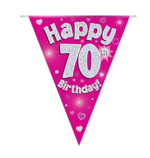 Party Bunting Happy 70th Birthday Pink Holographic 11 flags (3.9m)