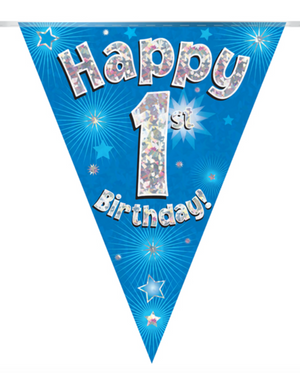 Party Bunting Happy 1st Birthday Blue Holographic 11 flags (3.9m)