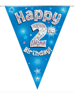 Party Bunting Happy 2nd Birthday Blue Holographic 11 flags (3.9m)