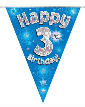 Party Bunting Happy 3rd Birthday Blue Holographic 11 flags (3.9m)