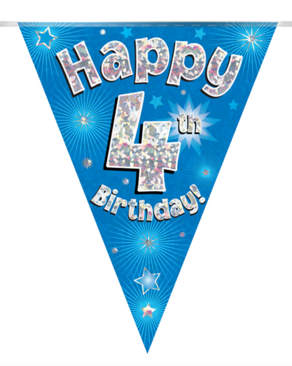 Party Bunting Happy 4th Birthday Blue Holographic 11 flags (3.9m)
