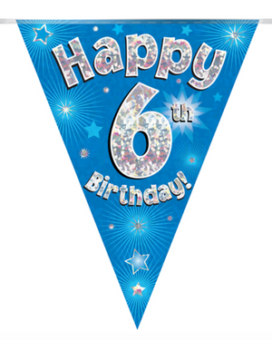 Party Bunting Happy 6th Birthday Blue Holographic 11 flags (3.9m)