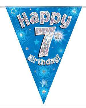 Party Bunting Happy 7th Birthday Blue Holographic 11 flags (3.9m)