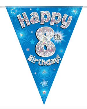 Party Bunting Happy 8th Birthday Blue Holographic 11 flags (3.9m)