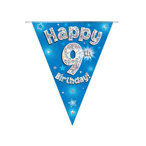 Party Bunting Happy 9th Birthday Blue Holographic 11 flags (3.9m)
