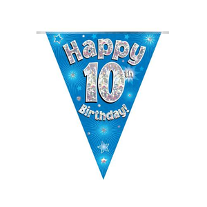 Party Bunting Happy 10th Birthday Blue Holographic 11 flags (3.9m)