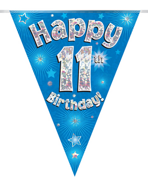 Party Bunting Happy 11th Birthday Blue Holographic 11 flags 3.9m