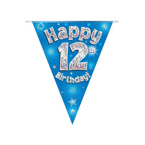 Party Bunting Happy 12th Birthday Blue Holographic 11 flags (3.9m)