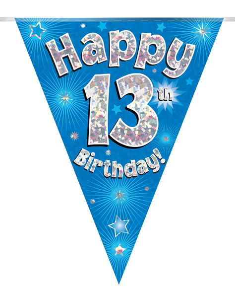 Party Bunting Happy 13th Birthday Blue Holographic 11 flags 3.9m