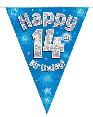 Party Bunting Happy 14th Birthday Blue Holographic 11 flags (3.9m)