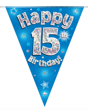 Party Bunting Happy 15th Birthday Blue Holographic 11 flags (3.9m)