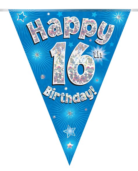 Party Bunting Happy 16th Birthday Blue Holographic 11 flags (3.9m)
