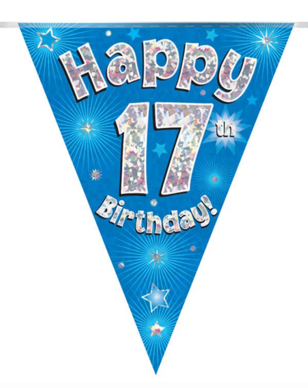 Party Bunting Happy 17th Birthday Blue Holographic 11 flags (3.9m)